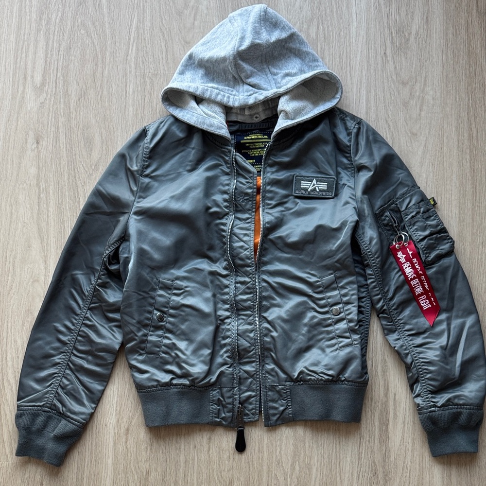 Alpha Industries Gray MA-1 Bomber Jacket with Detachable Hood